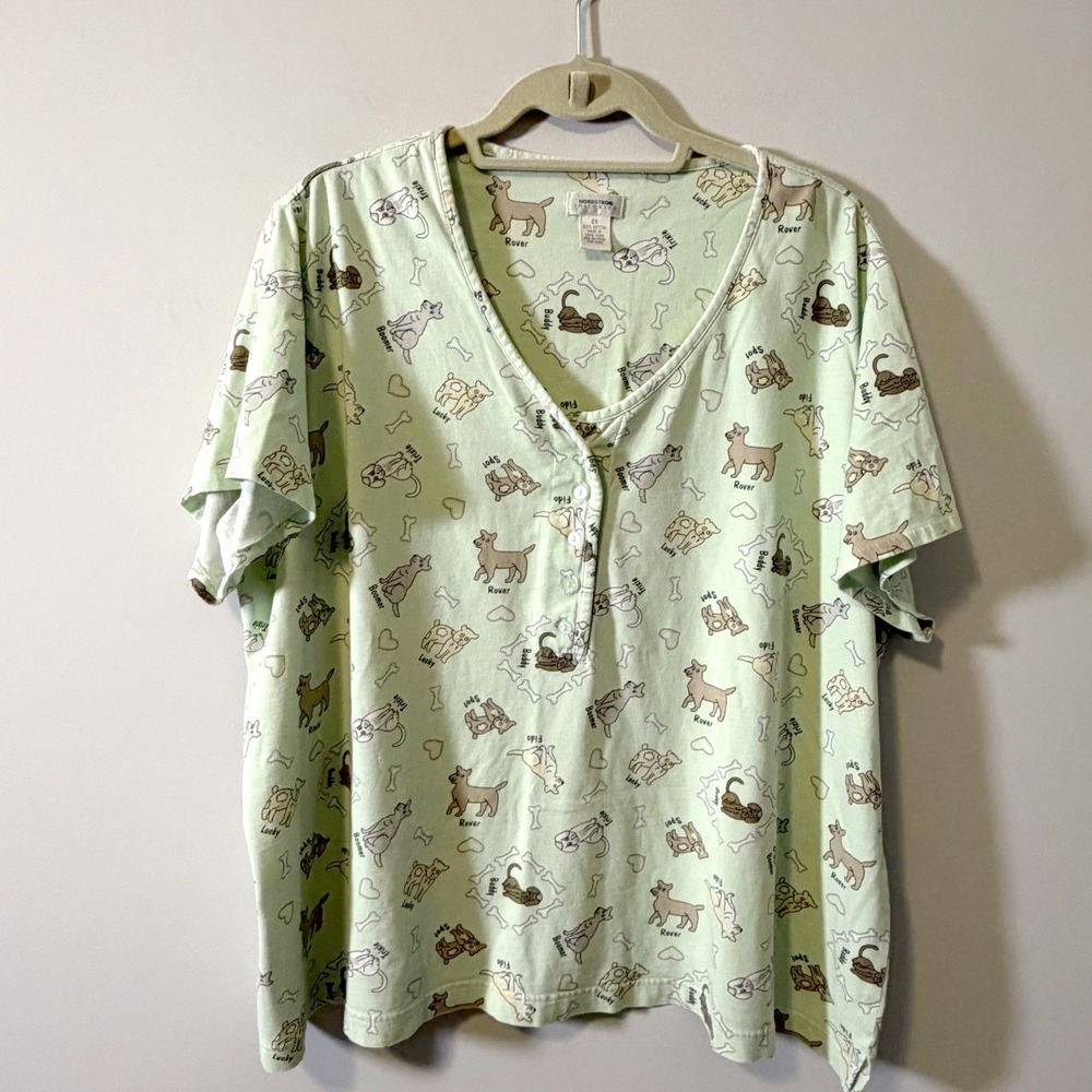 Nordstrom Intimates Dog Print‎ Sleep Shirt Womens 2X Green Cotton Henley Pajama